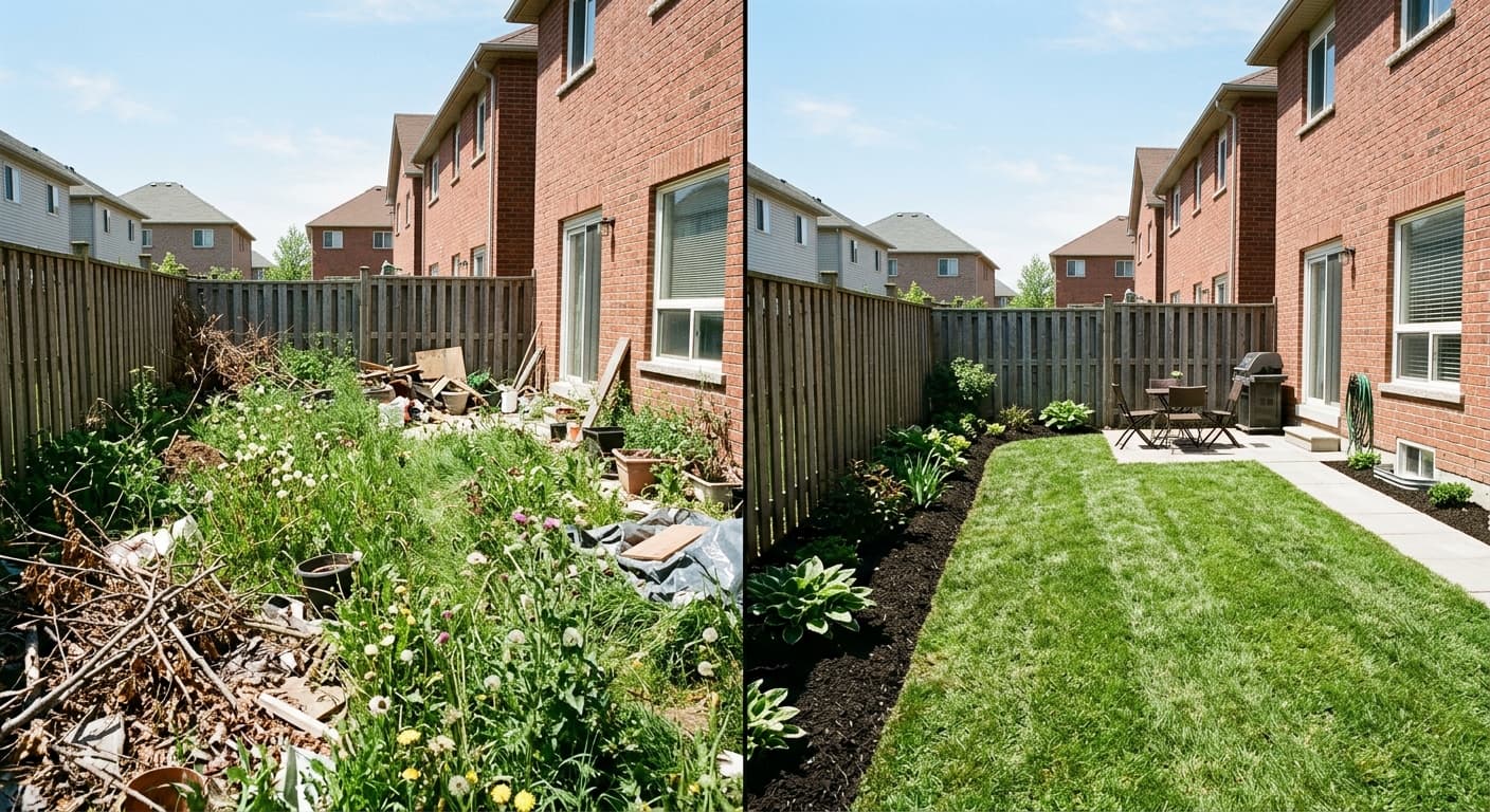 Before and after backyard cleanup at a Brampton townhouse