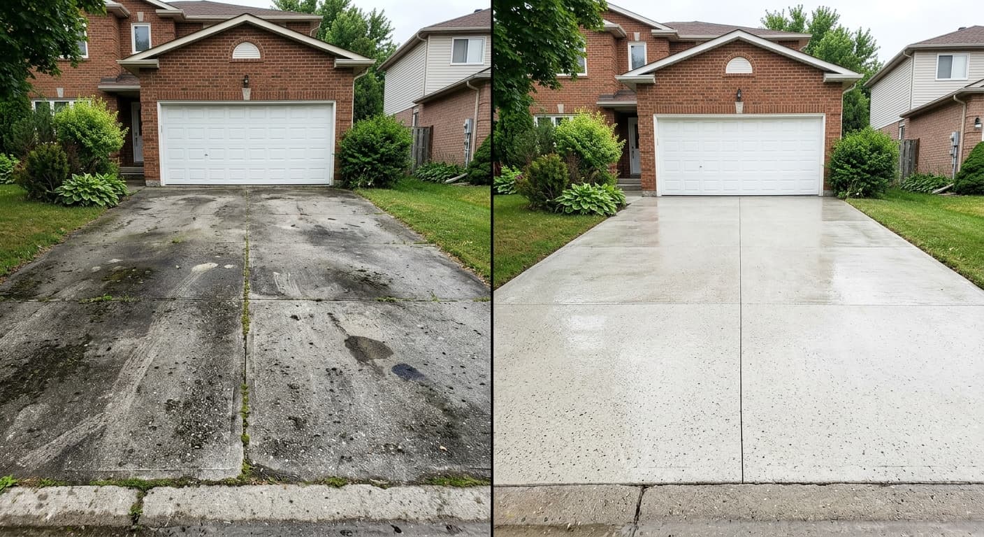 Before and after pressure washing a concrete driveway in Brampton