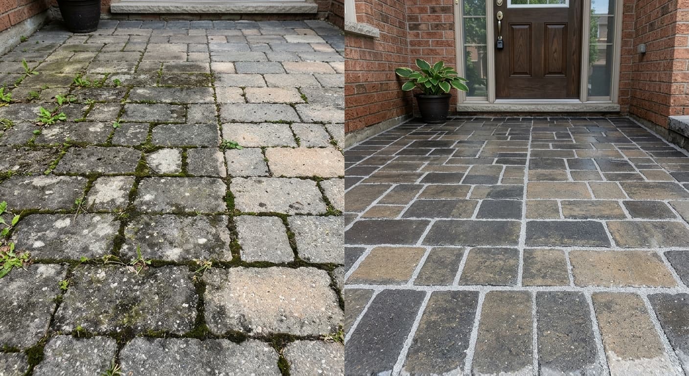 Before and after cleaning and re-sanding interlocking pavers