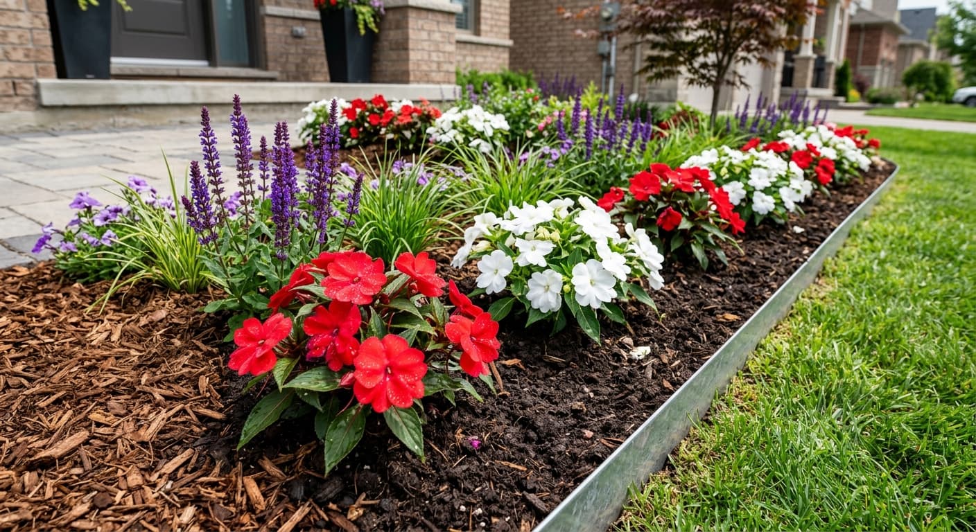 Close-up of freshly planted flower bed with impatiens and salvia