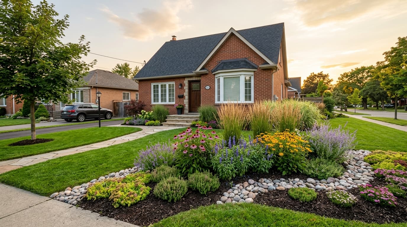 Professionally designed front yard garden with layered planting in Mississauga
