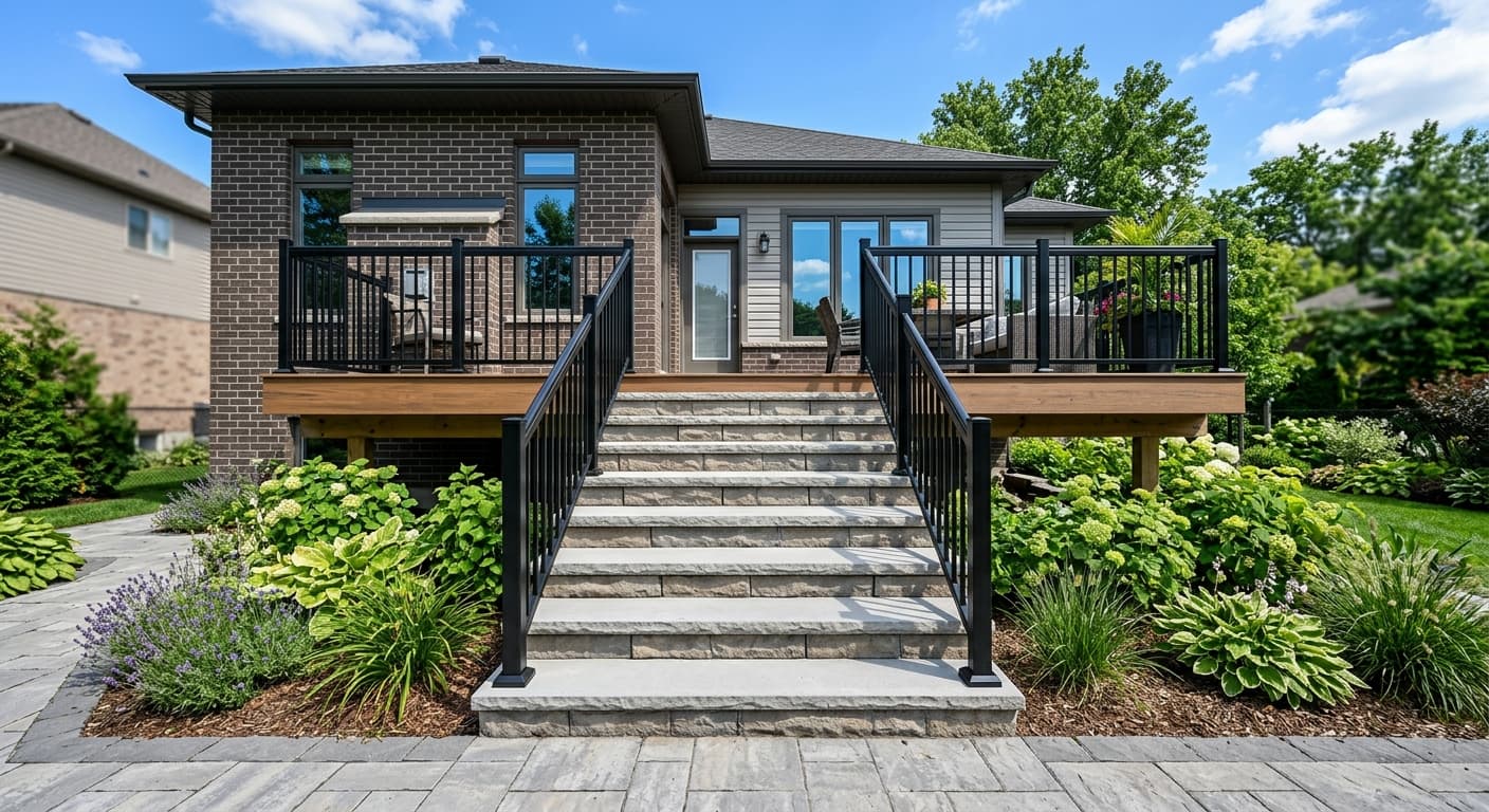 Precast concrete steps with interlocking risers and aluminum railings