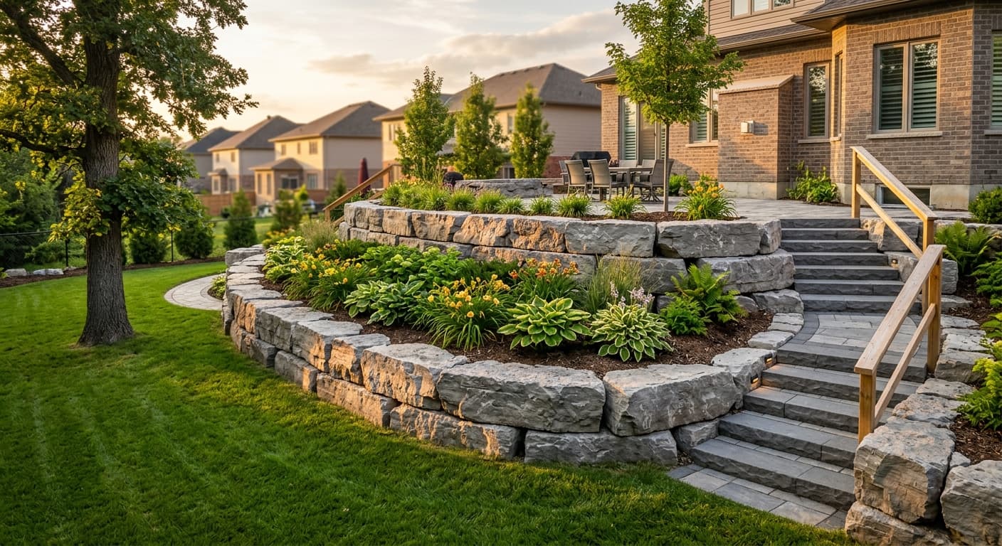 Two-tiered Armour stone retaining wall with integrated garden beds
