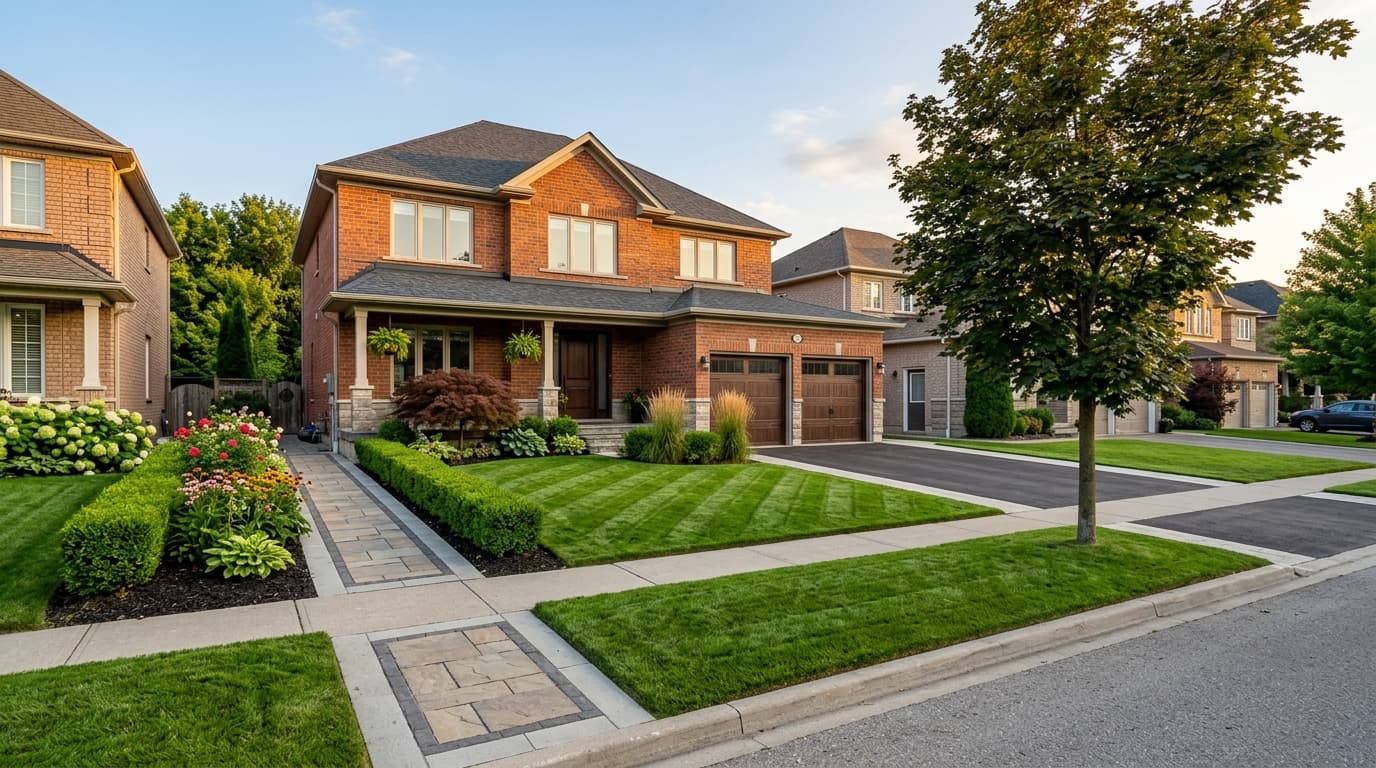 Beautifully maintained suburban property with striped lawn at golden hour