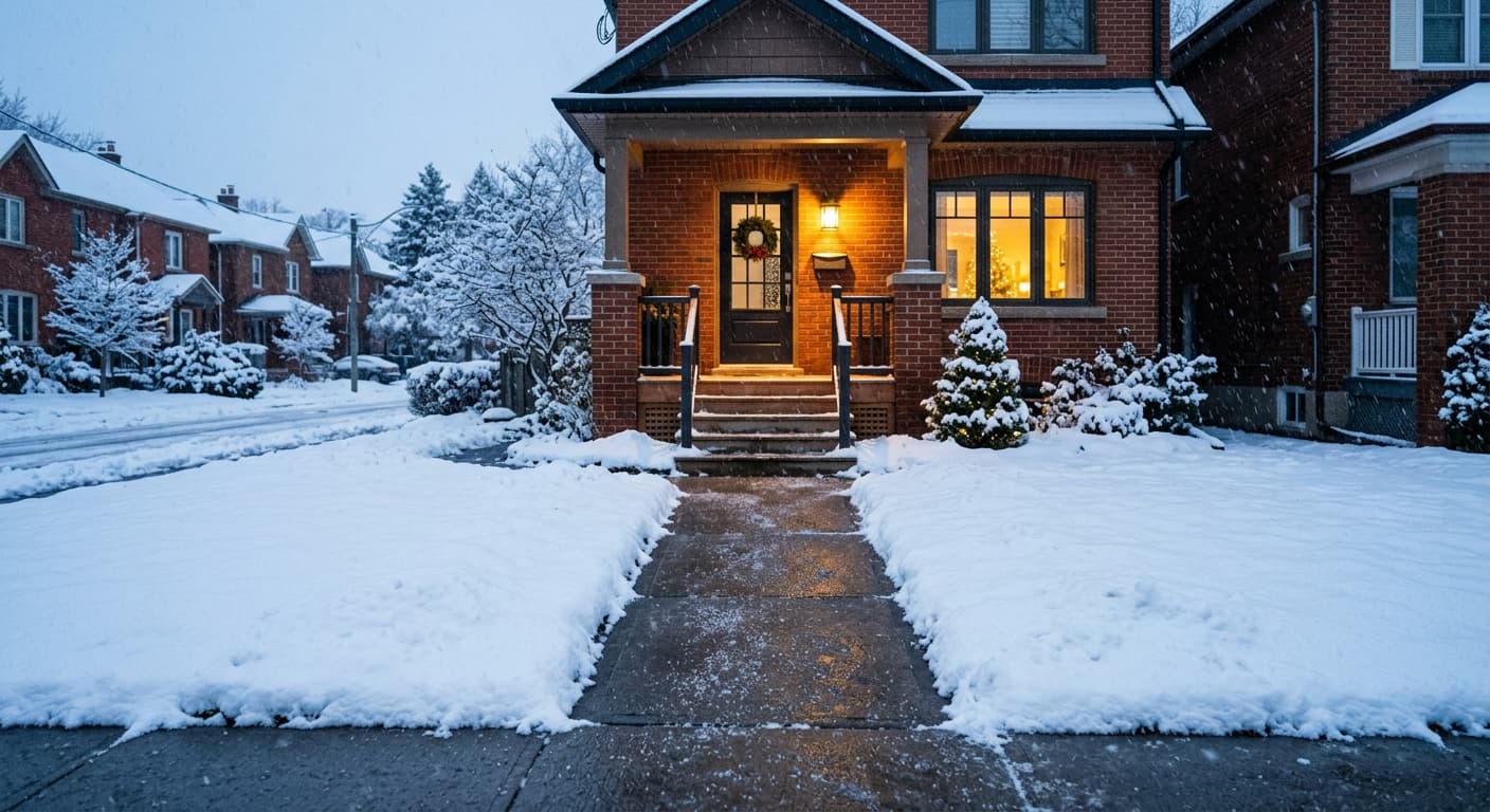 Professionally cleared front walkway during a winter snowstorm in Mississauga