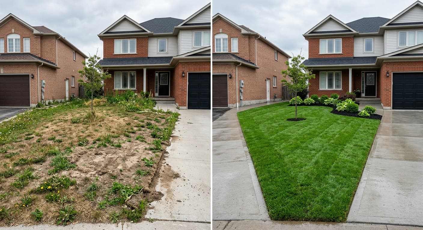 Before and after comparison of a front yard sod installation in Brampton