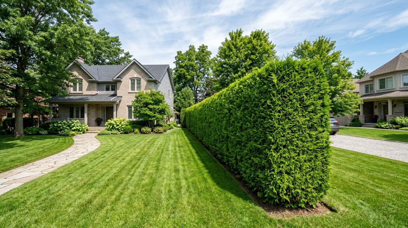 Professionally pruned cedar hedge row at a suburban home in Oakville