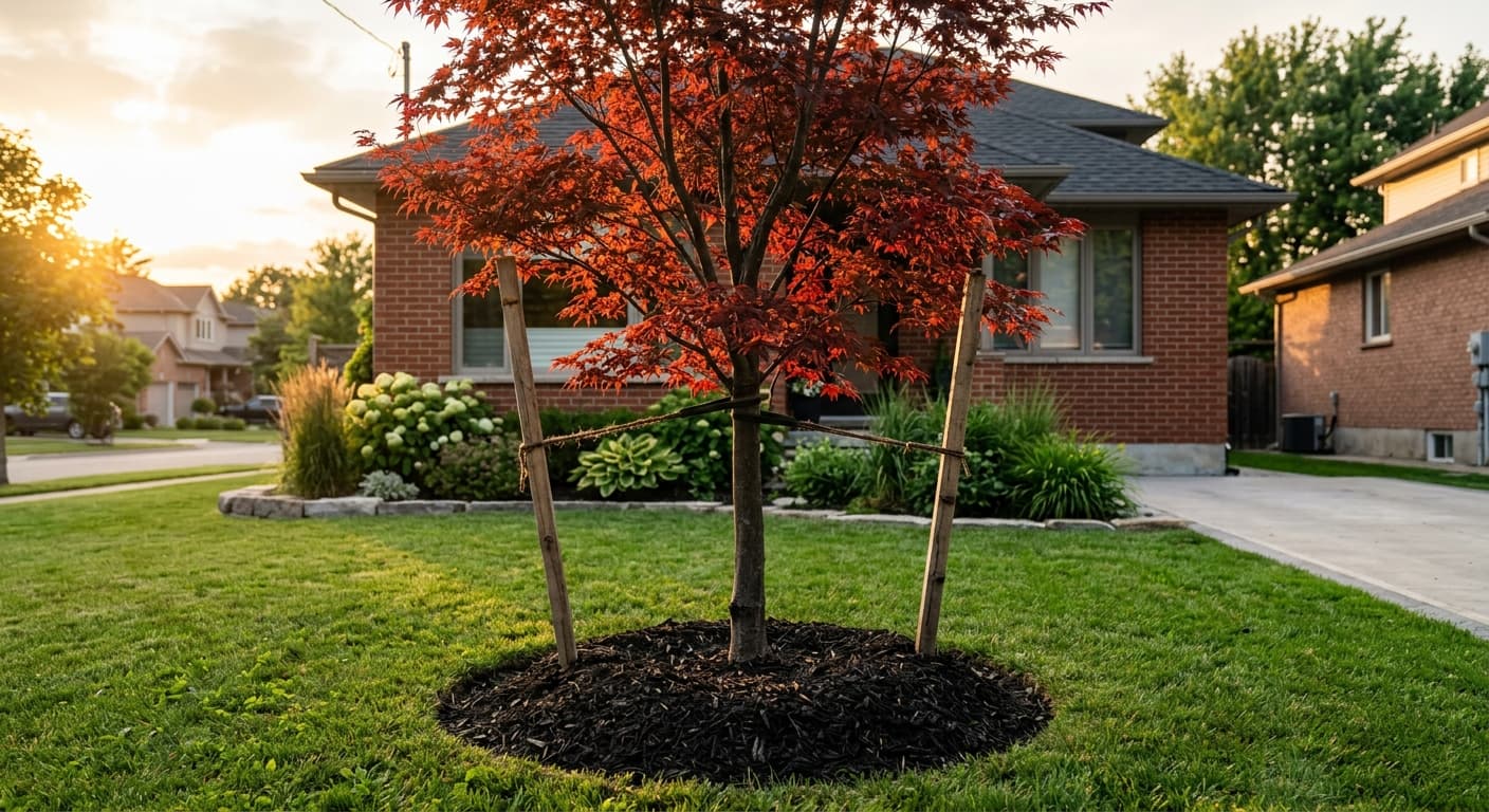 Newly planted Japanese maple with deep red foliage at golden hour
